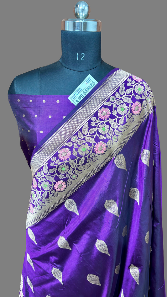 Magenta 100% Pure Katan Silk Handloom Banarasi Saree with Meenakari Border & All-Over Kadwa Boota Pure Katan Silk Banarasi Saree