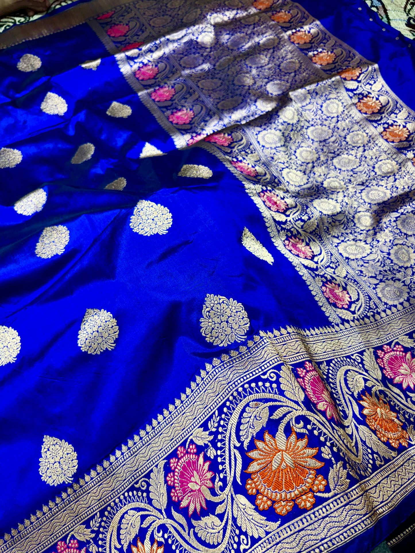 Royal Blue 100% Pure Katan Silk Handloom Banarasi Saree – Meenakari Border, Kadwa Boota Pure Katan Silk Banarasi Saree