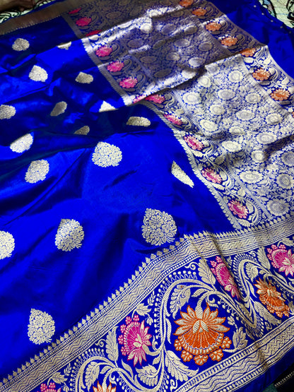 Royal Blue 100% Pure Katan Silk Handloom Banarasi Saree – Meenakari Border, Kadwa Boota Pure Katan Silk Banarasi Saree