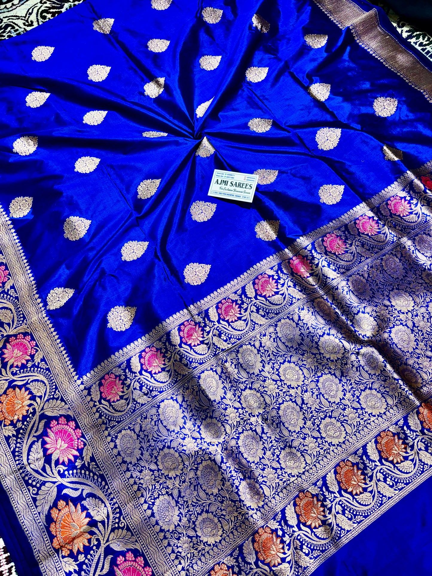 Royal Blue 100% Pure Katan Silk Handloom Banarasi Saree – Meenakari Border, Kadwa Boota Pure Katan Silk Banarasi Saree