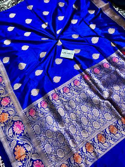Royal Blue 100% Pure Katan Silk Handloom Banarasi Saree – Meenakari Border, Kadwa Boota Pure Katan Silk Banarasi Saree