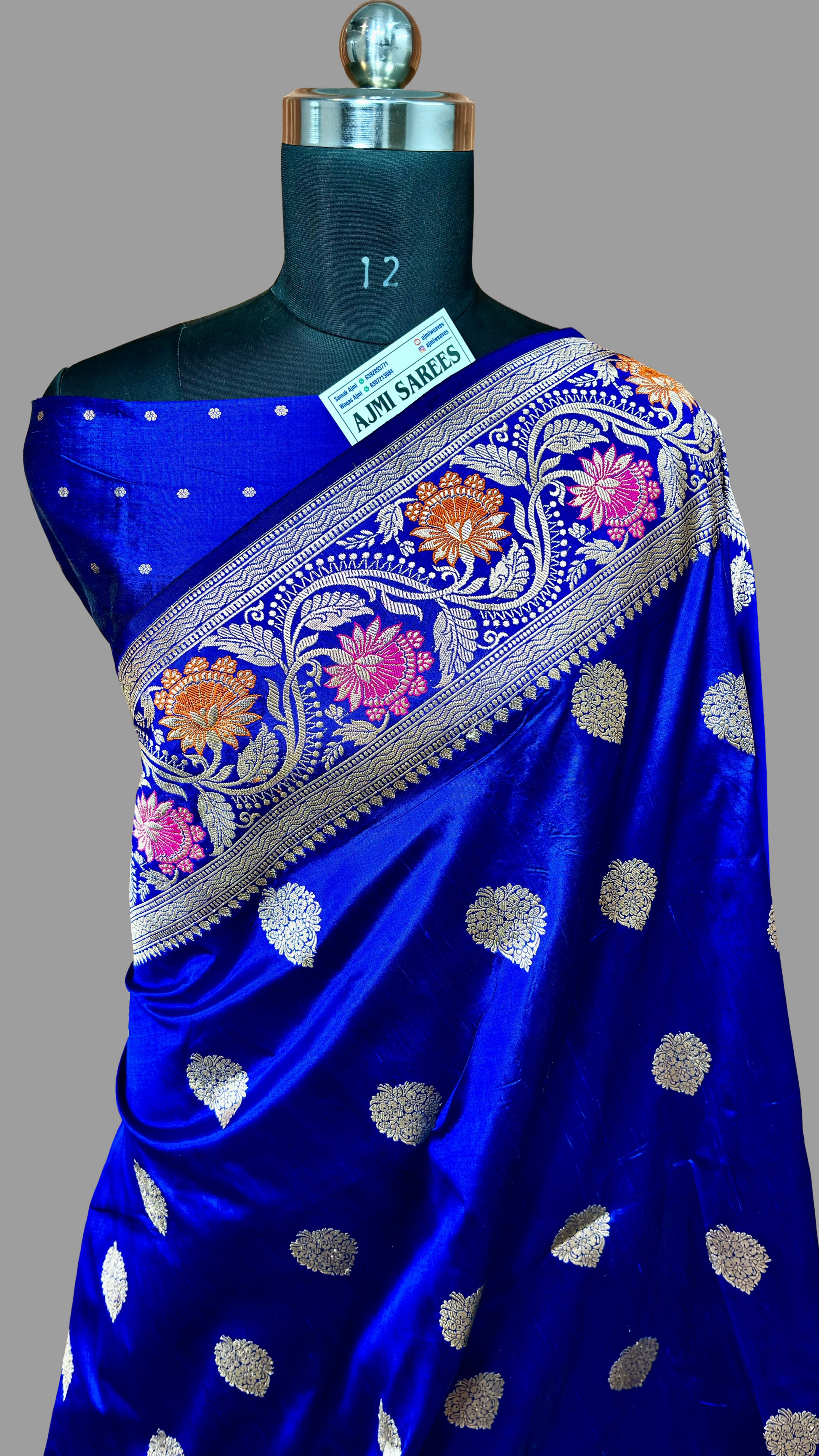 Royal Blue 100% Pure Katan Silk Handloom Banarasi Saree – Meenakari Border, Kadwa Boota Pure Katan Silk Banarasi Saree