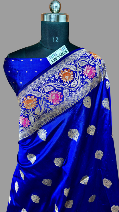 Royal Blue 100% Pure Katan Silk Handloom Banarasi Saree – Meenakari Border, Kadwa Boota Pure Katan Silk Banarasi Saree