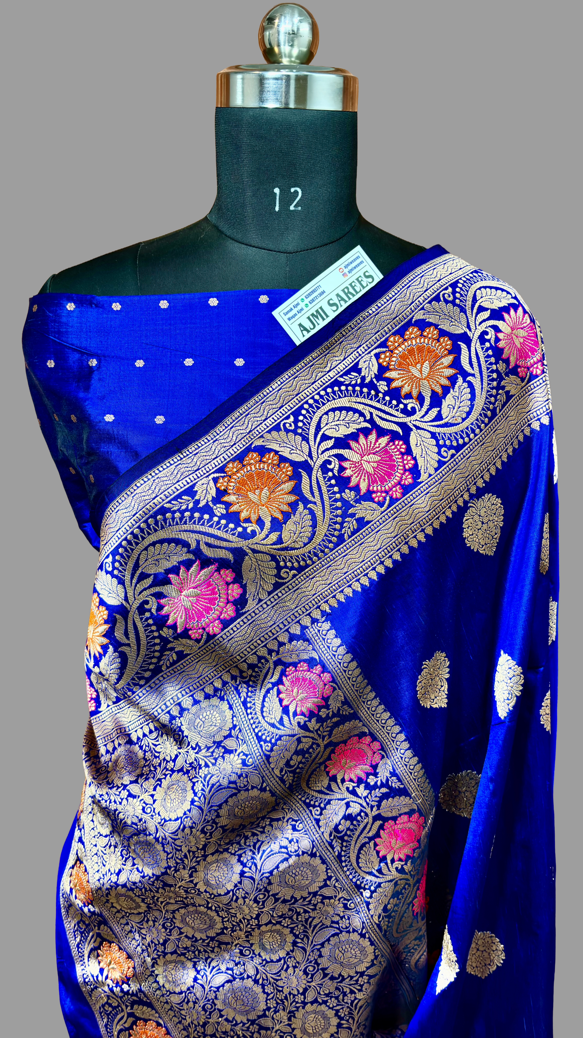 Royal Blue 100% Pure Katan Silk Handloom Banarasi Saree – Meenakari Border, Kadwa Boota Pure Katan Silk Banarasi Saree