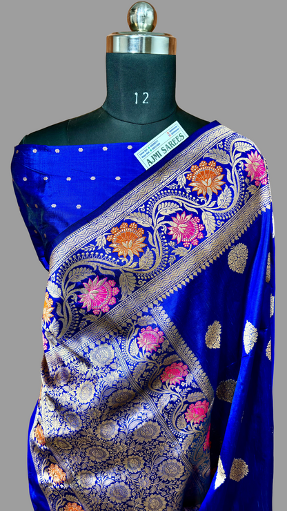 Royal Blue 100% Pure Katan Silk Handloom Banarasi Saree – Meenakari Border, Kadwa Boota Pure Katan Silk Banarasi Saree