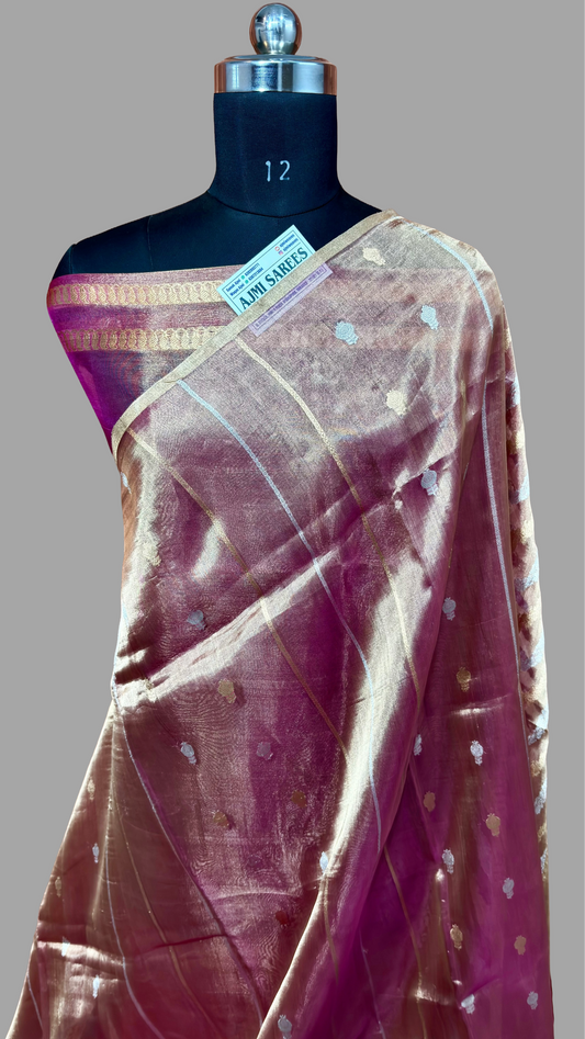 100% Pure Kora Tissue Handloom Banarasi Saree with All-Over Sona Rupa Kadwa Motifs & Stripes Pure kora tissue silk banarasi saree