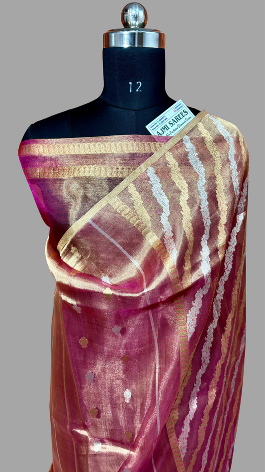 100% Pure Kora Tissue Handloom Banarasi Saree with All-Over Sona Rupa Kadwa Motifs & Stripes Pure kora tissue silk banarasi saree