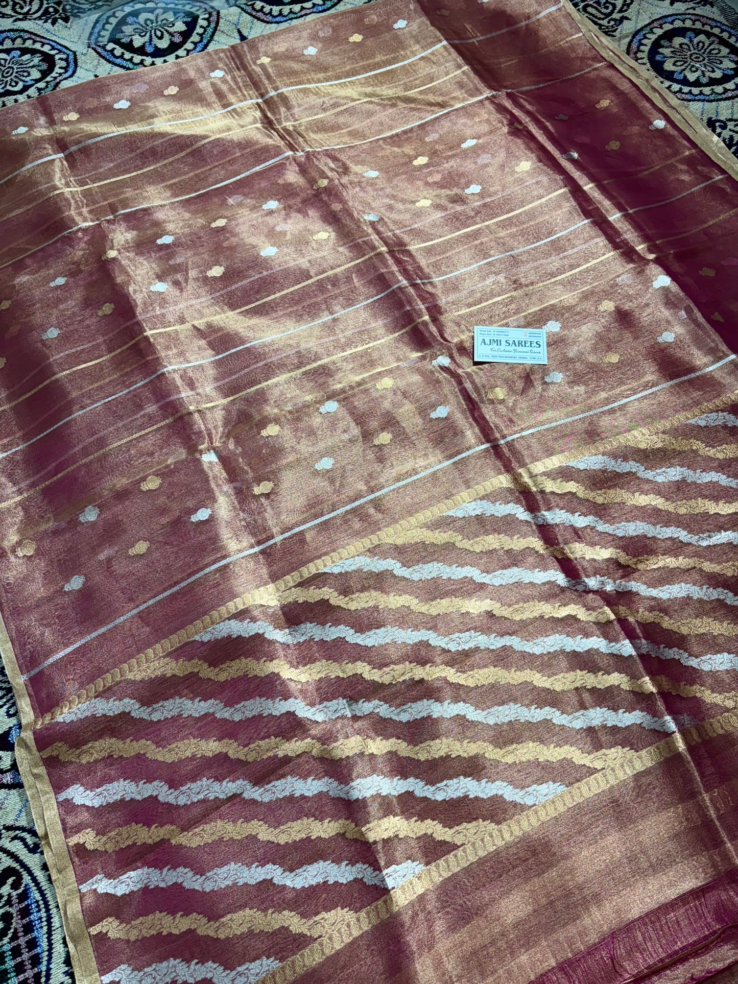 100% Pure Kora Tissue Handloom Banarasi Saree with All-Over Sona Rupa Kadwa Motifs & Stripes Pure kora tissue silk banarasi saree