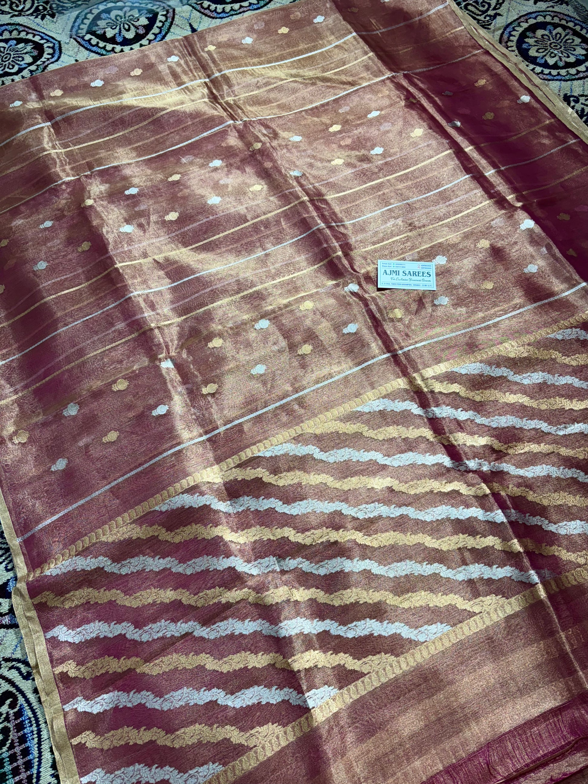 100% Pure Kora Tissue Handloom Banarasi Saree with All-Over Sona Rupa Kadwa Motifs & Stripes Pure kora tissue silk banarasi saree