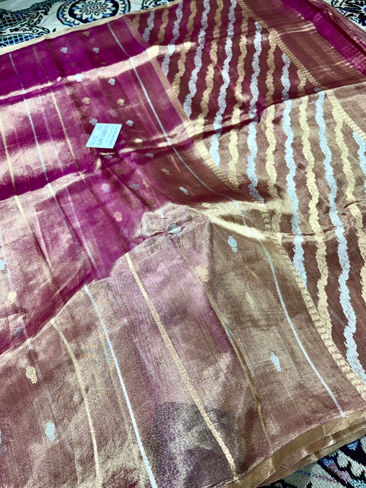 100% Pure Kora Tissue Handloom Banarasi Saree with All-Over Sona Rupa Kadwa Motifs & Stripes Pure kora tissue silk banarasi saree