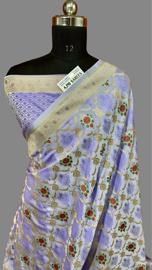 Pastel Purple Mashru Katan Silk Banarasi Saree with Gold Zari & Meenakari Floral Jaal Mashru Katan Silk Banarasi Saree