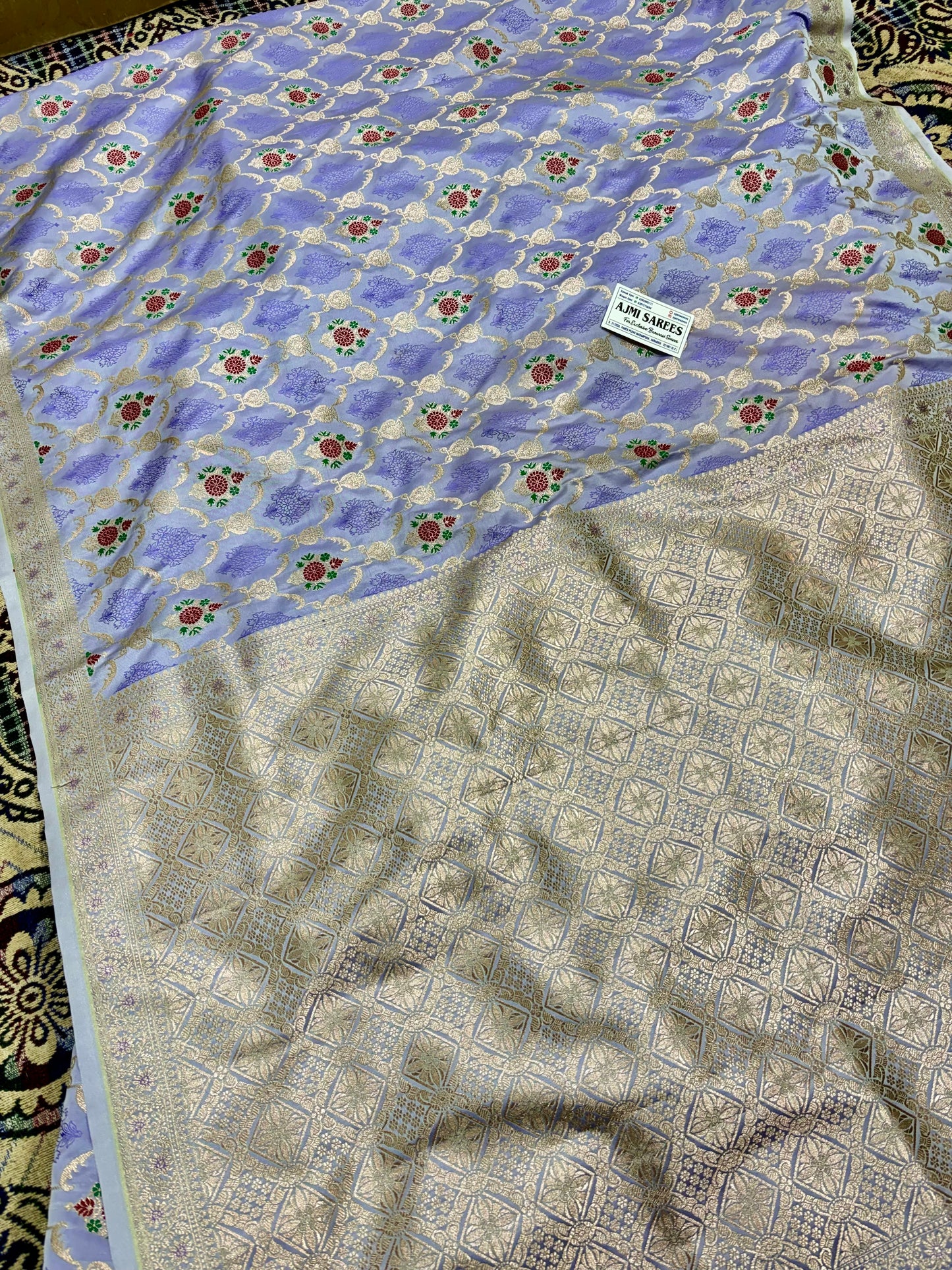 Pastel Purple Mashru Katan Silk Banarasi Saree with Gold Zari & Meenakari Floral Jaal Mashru Katan Silk Banarasi Saree