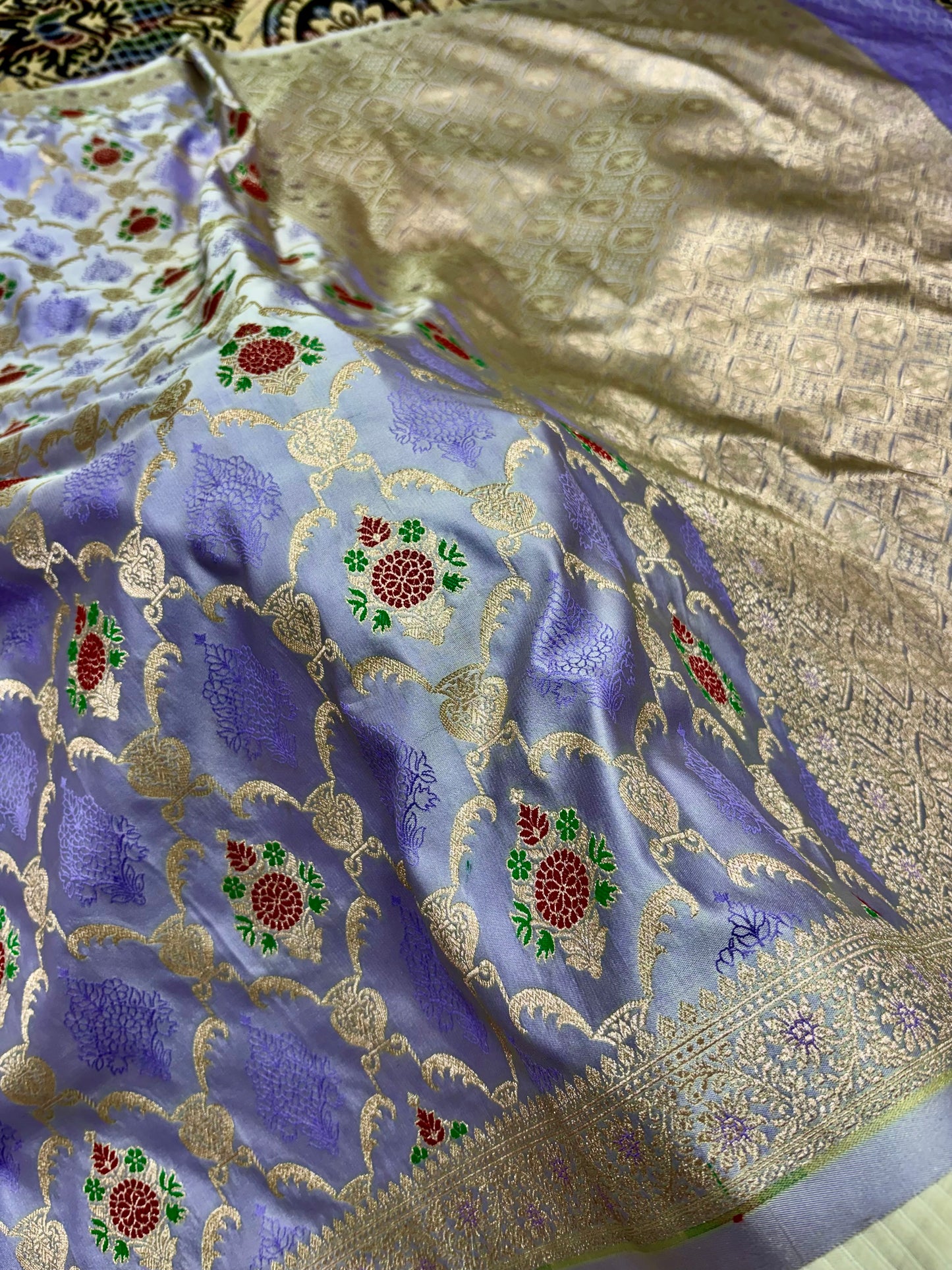 Pastel Purple Mashru Katan Silk Banarasi Saree with Gold Zari & Meenakari Floral Jaal Mashru Katan Silk Banarasi Saree