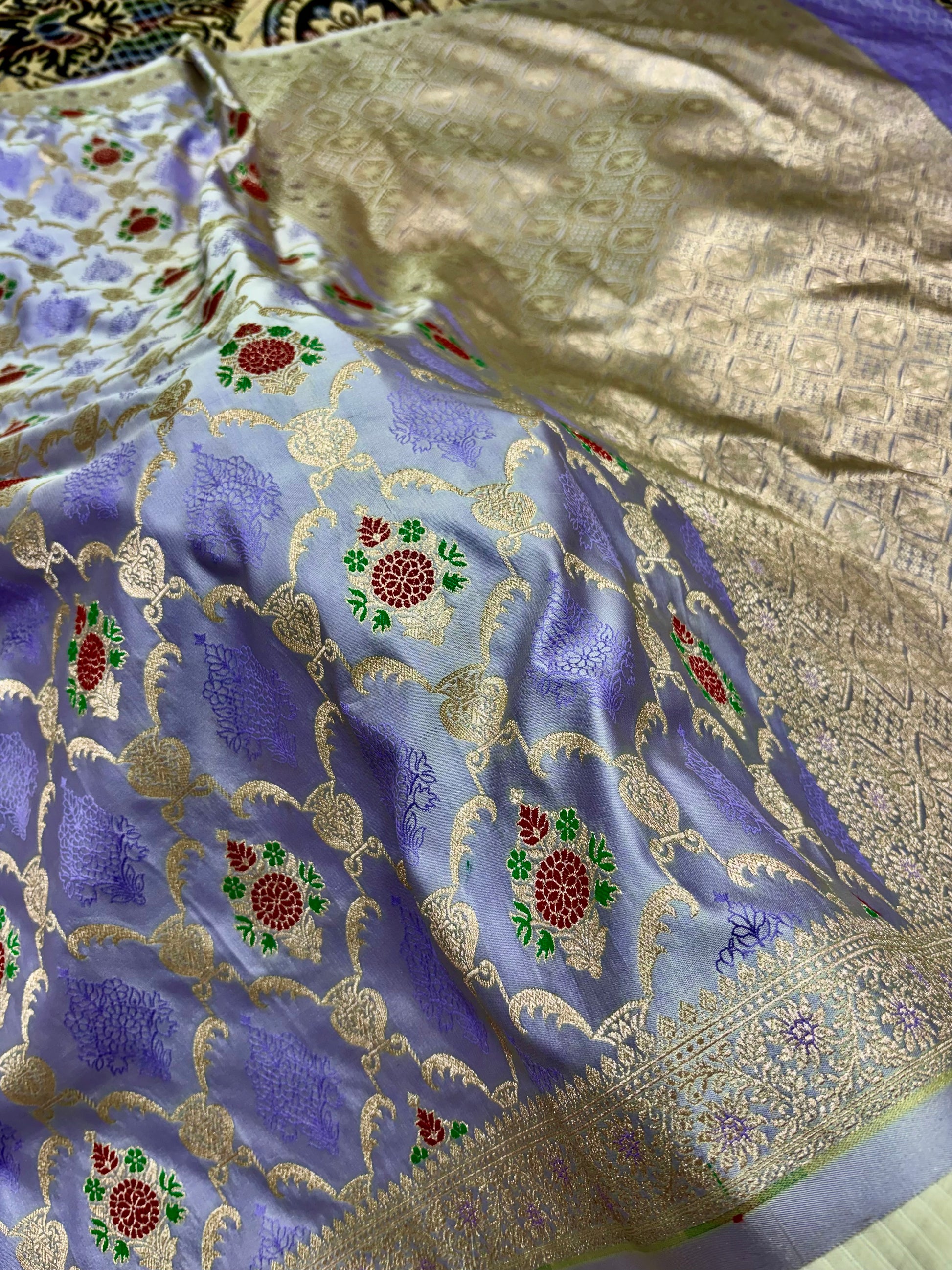 Pastel Purple Mashru Katan Silk Banarasi Saree with Gold Zari & Meenakari Floral Jaal Mashru Katan Silk Banarasi Saree