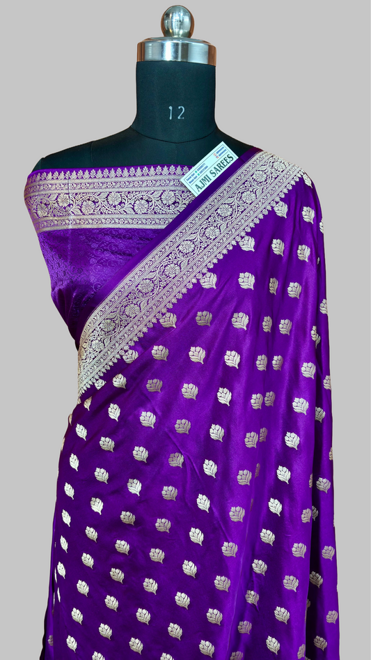 Royal Purple Mashru Katan Silk Banarasi Saree with Gold Zari Border & All-Over Buti Mashru Katan Silk Banarasi Saree