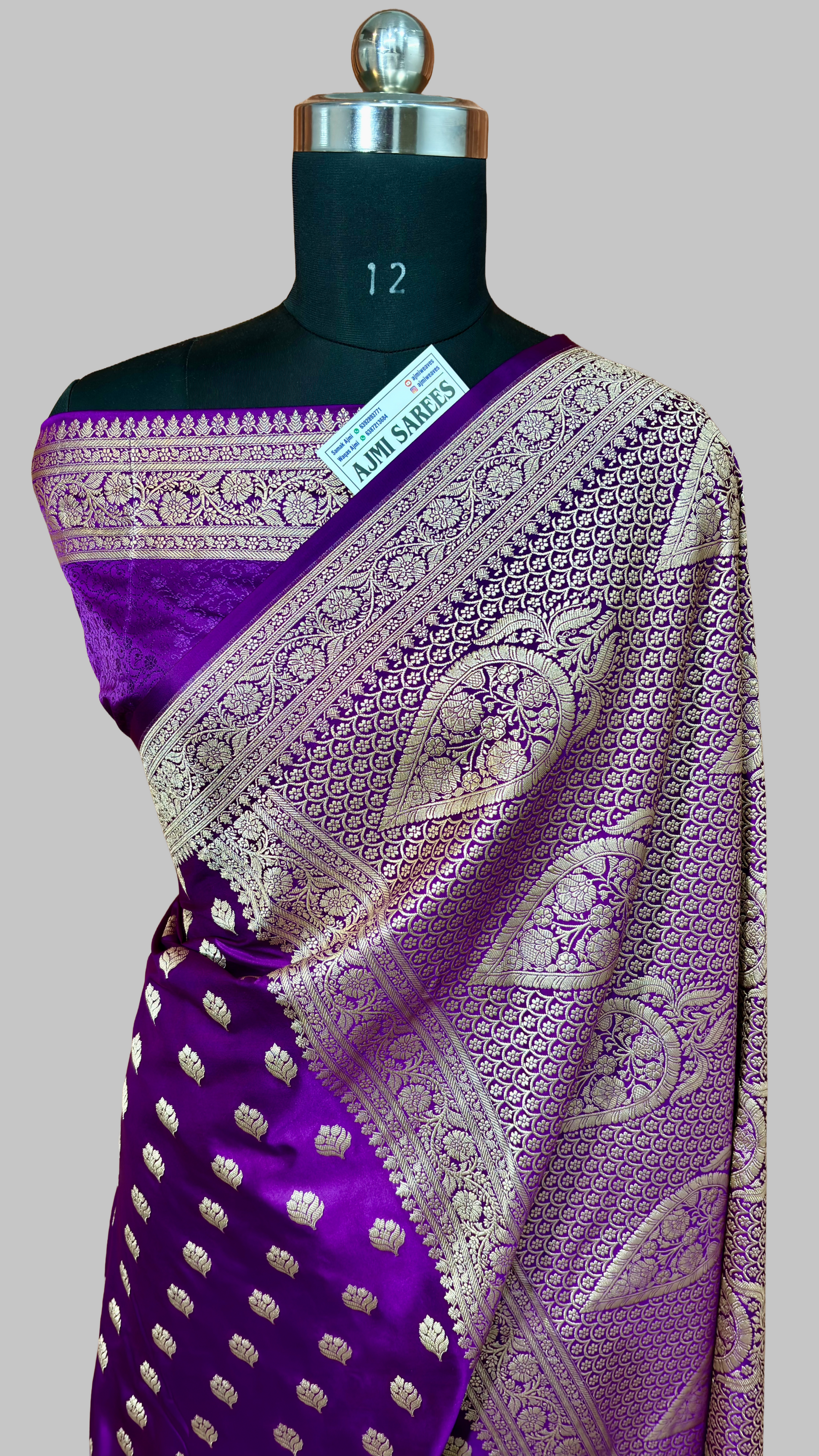 Royal Purple Mashru Katan Silk Banarasi Saree with Gold Zari Border & All-Over Buti Mashru Katan Silk Banarasi Saree