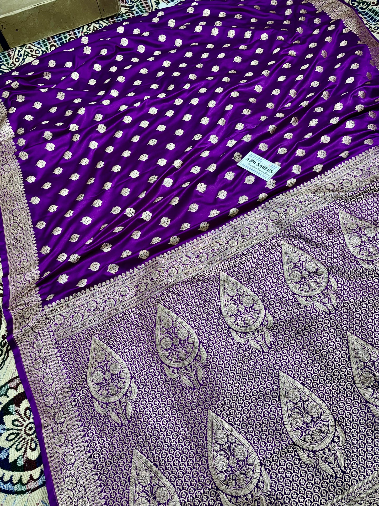 Royal Purple Mashru Katan Silk Banarasi Saree with Gold Zari Border & All-Over Buti Mashru Katan Silk Banarasi Saree