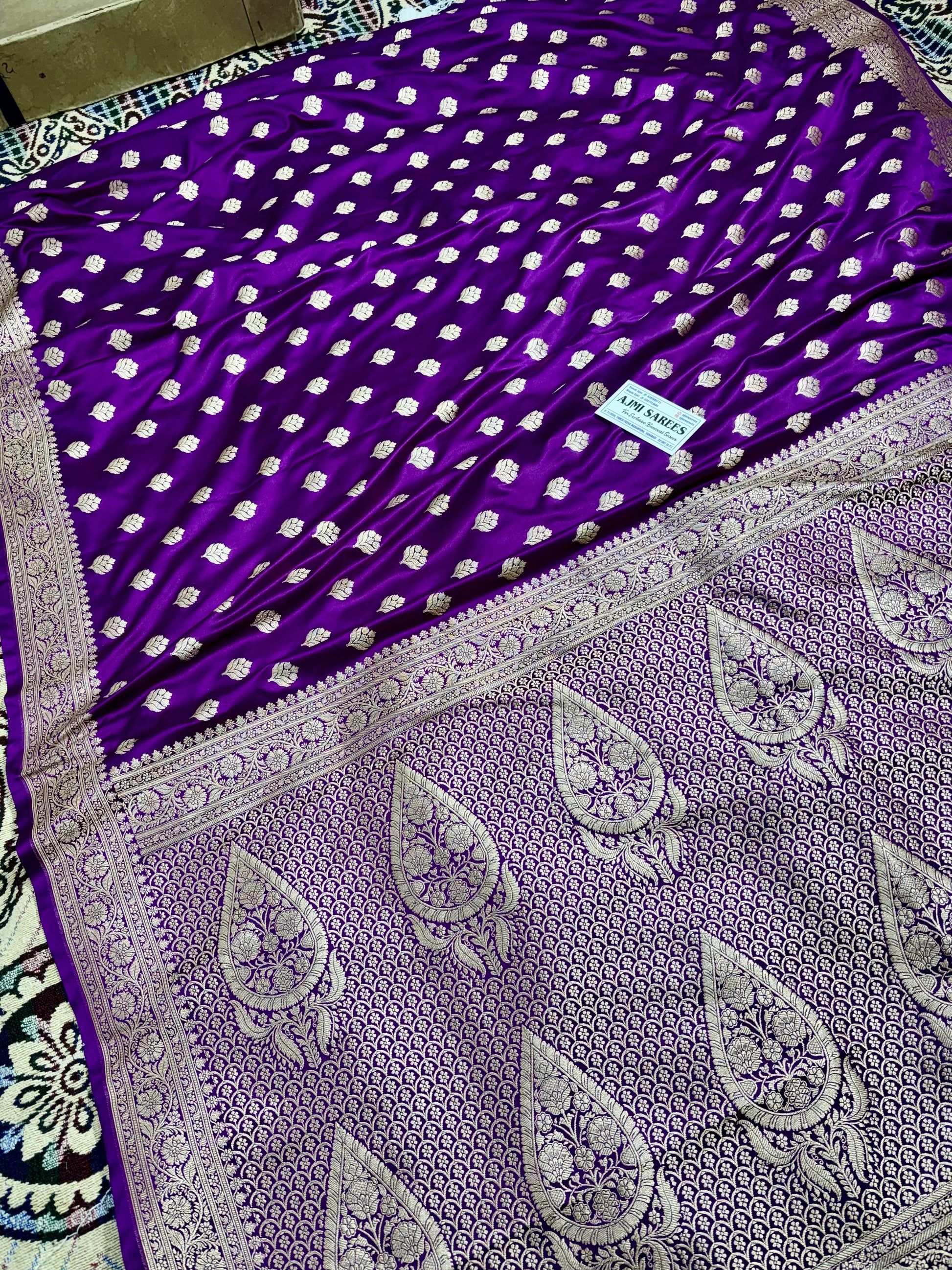 Royal Purple Mashru Katan Silk Banarasi Saree with Gold Zari Border & All-Over Buti Mashru Katan Silk Banarasi Saree
