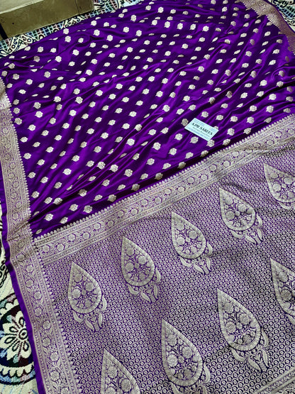 Royal Purple Mashru Katan Silk Banarasi Saree with Gold Zari Border & All-Over Buti Mashru Katan Silk Banarasi Saree