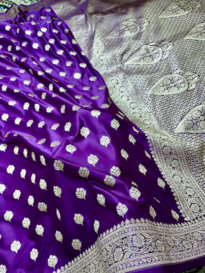 Royal Purple Mashru Katan Silk Banarasi Saree with Gold Zari Border & All-Over Buti Mashru Katan Silk Banarasi Saree