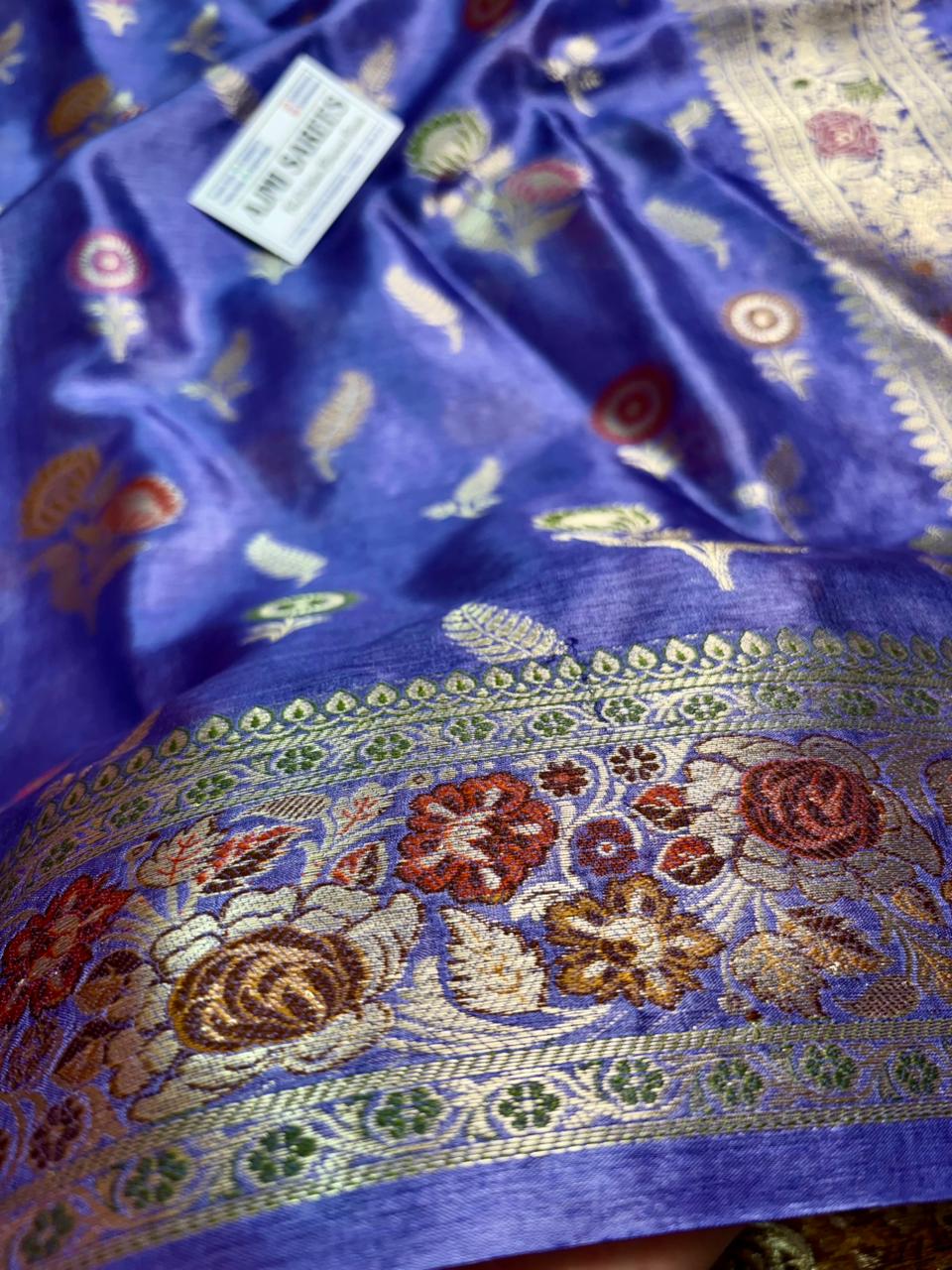 Elegant lavender Banarasi tussar silk saree with multicolor floral weaving