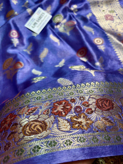 Elegant lavender Banarasi tussar silk saree with multicolor floral weaving
