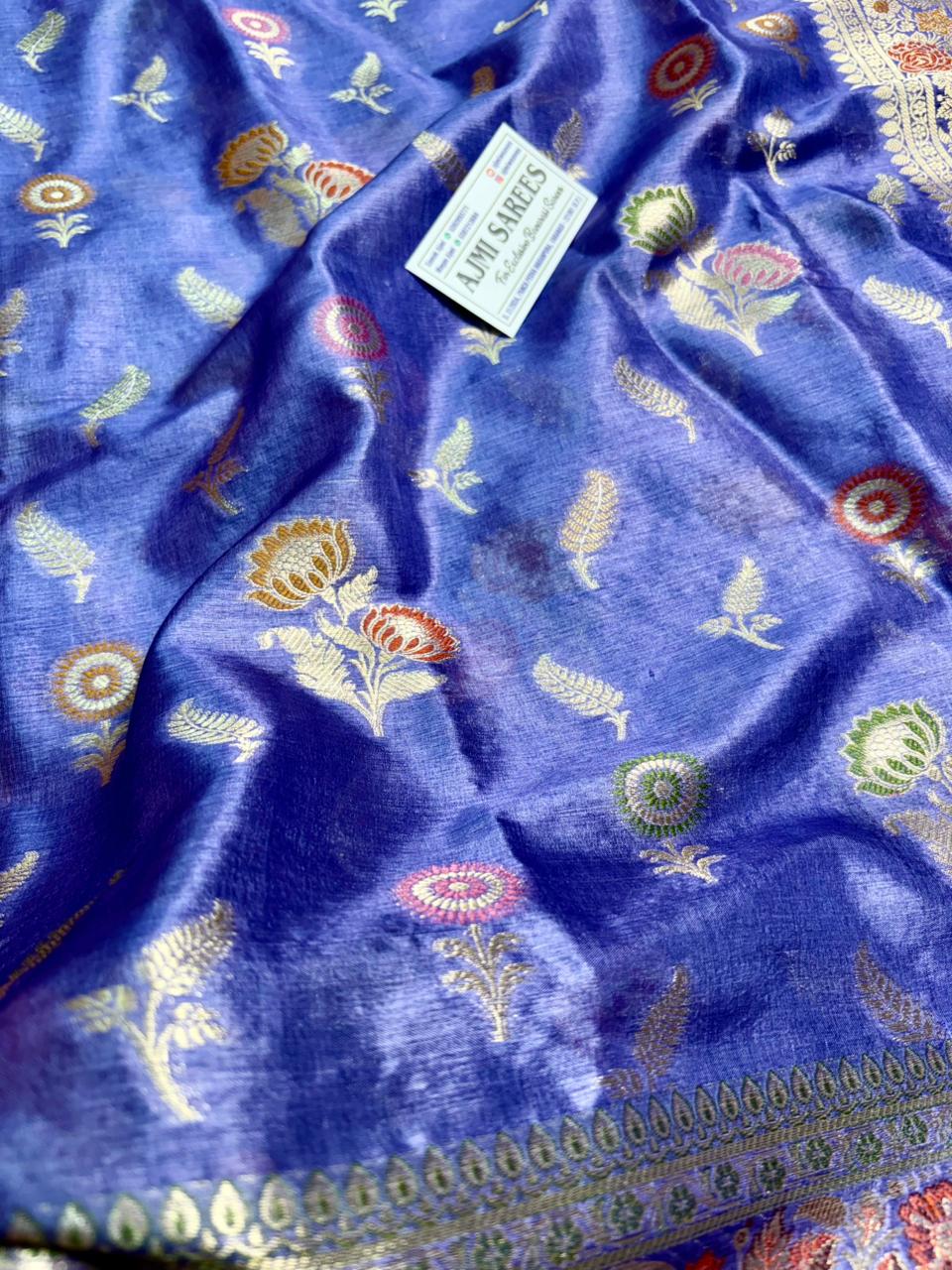 Handwoven Banarasi lavender tussar silk saree with floral zari design