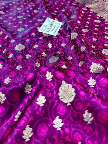 rani pink and navy blue banarasi silk saree with traditional zari motifs