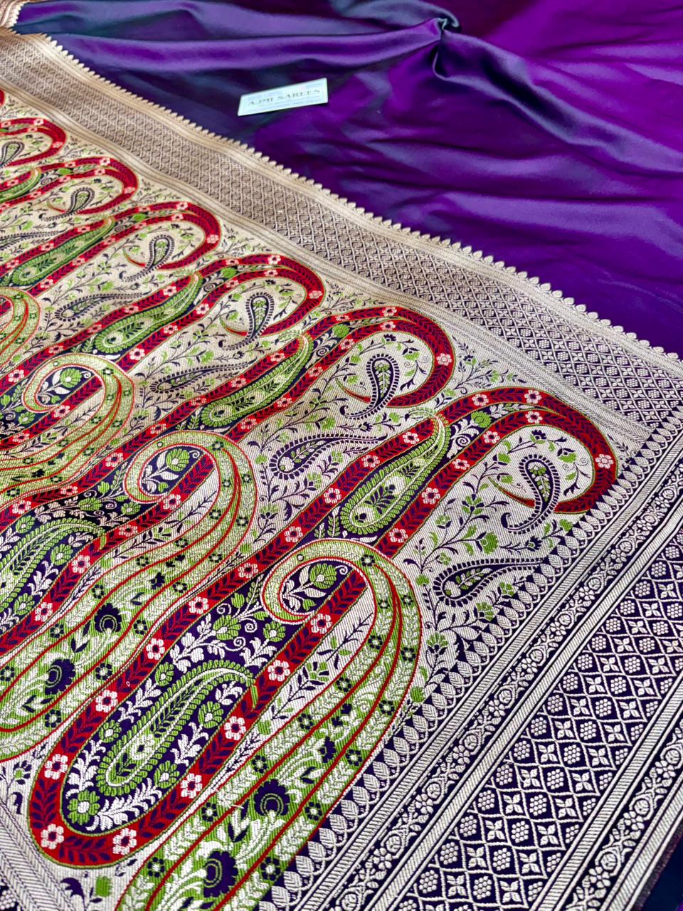 handwoven banarasi katan silk saree deep purple tilfi pallu