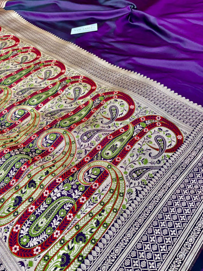 handwoven banarasi katan silk saree deep purple tilfi pallu