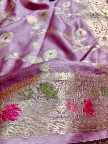 Pure tussar silk Banarasi saree dusty rose pink with traditional border