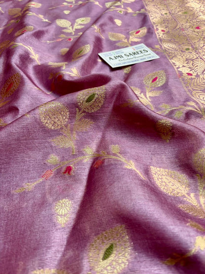 Elegant dusty rose pink Banarasi tussar silk saree with zari weaving