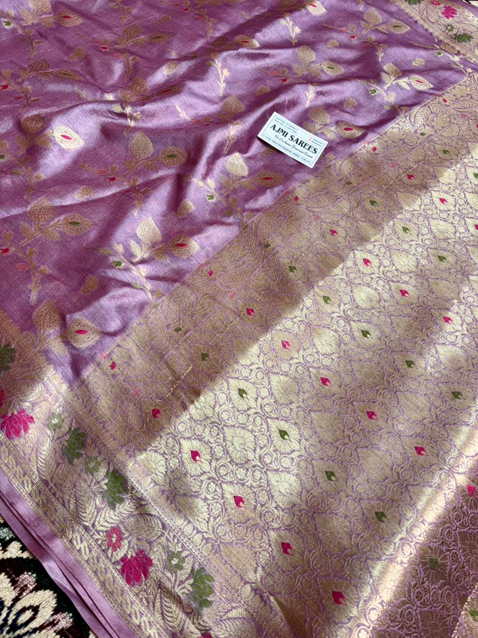 Handwoven dusty rose pink tussar silk Banarasi saree with floral design