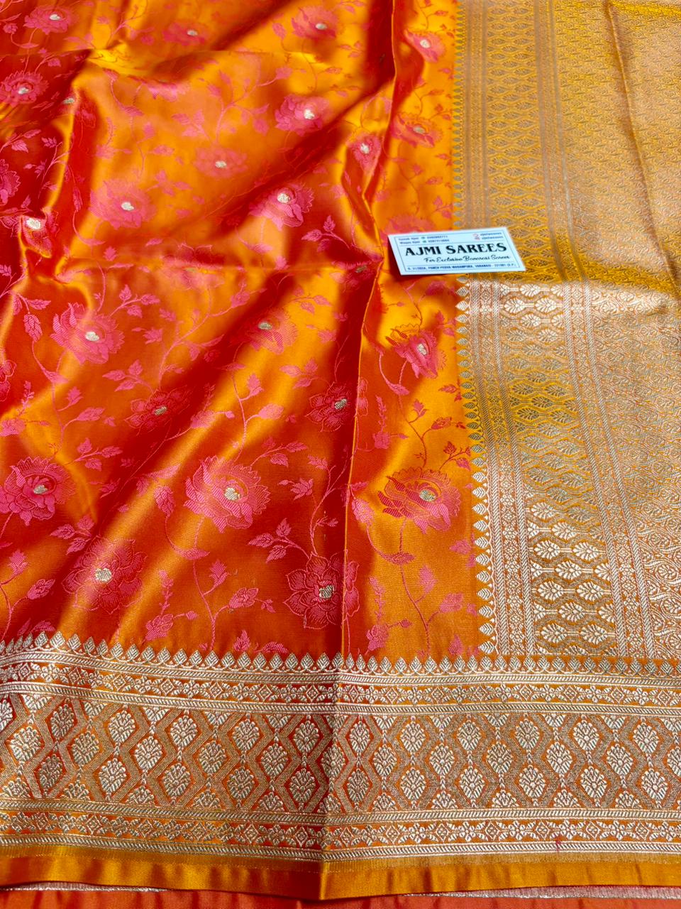 dual tone fanta orange strawberry mashru katan banarasi saree with floral design