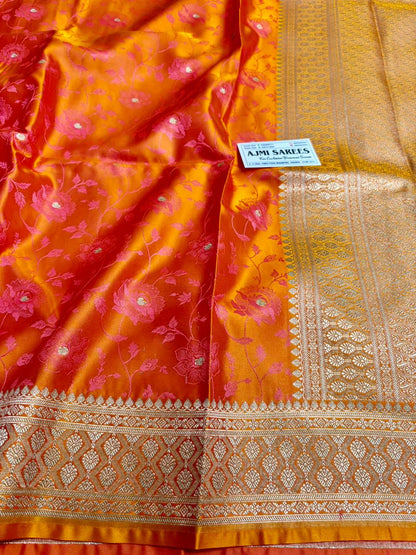 dual tone fanta orange strawberry mashru katan banarasi saree with floral design
