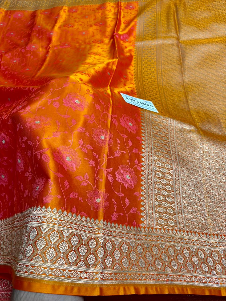 fanta orange and strawberry pink banarasi saree mashru katan silk floral weaving