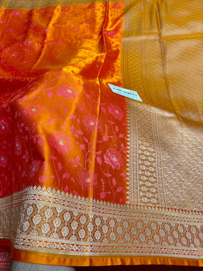 fanta orange and strawberry pink banarasi saree mashru katan silk floral weaving
