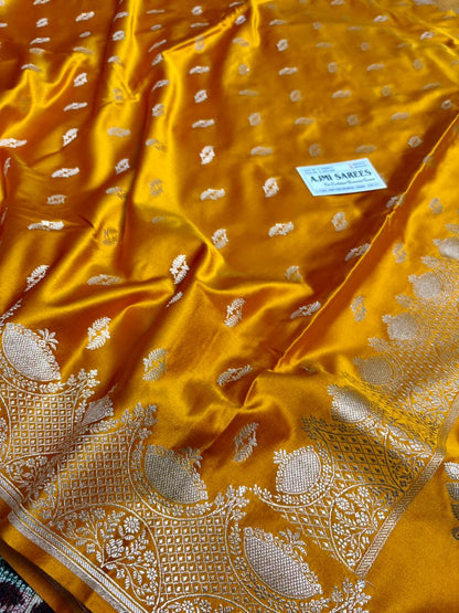 elegant mustard banarasi saree with traditional zari border