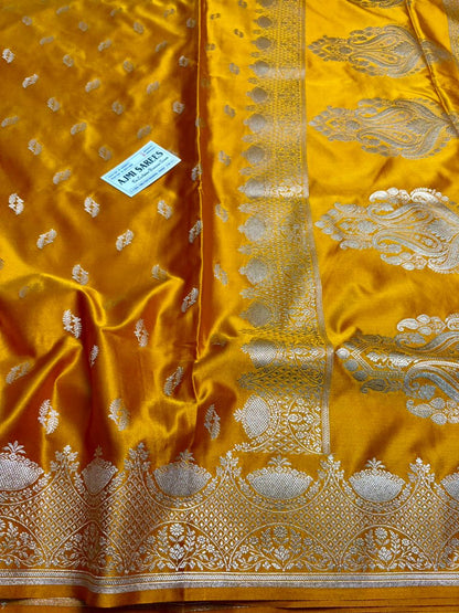 yellow banarasi saree with zari motifs and classic design