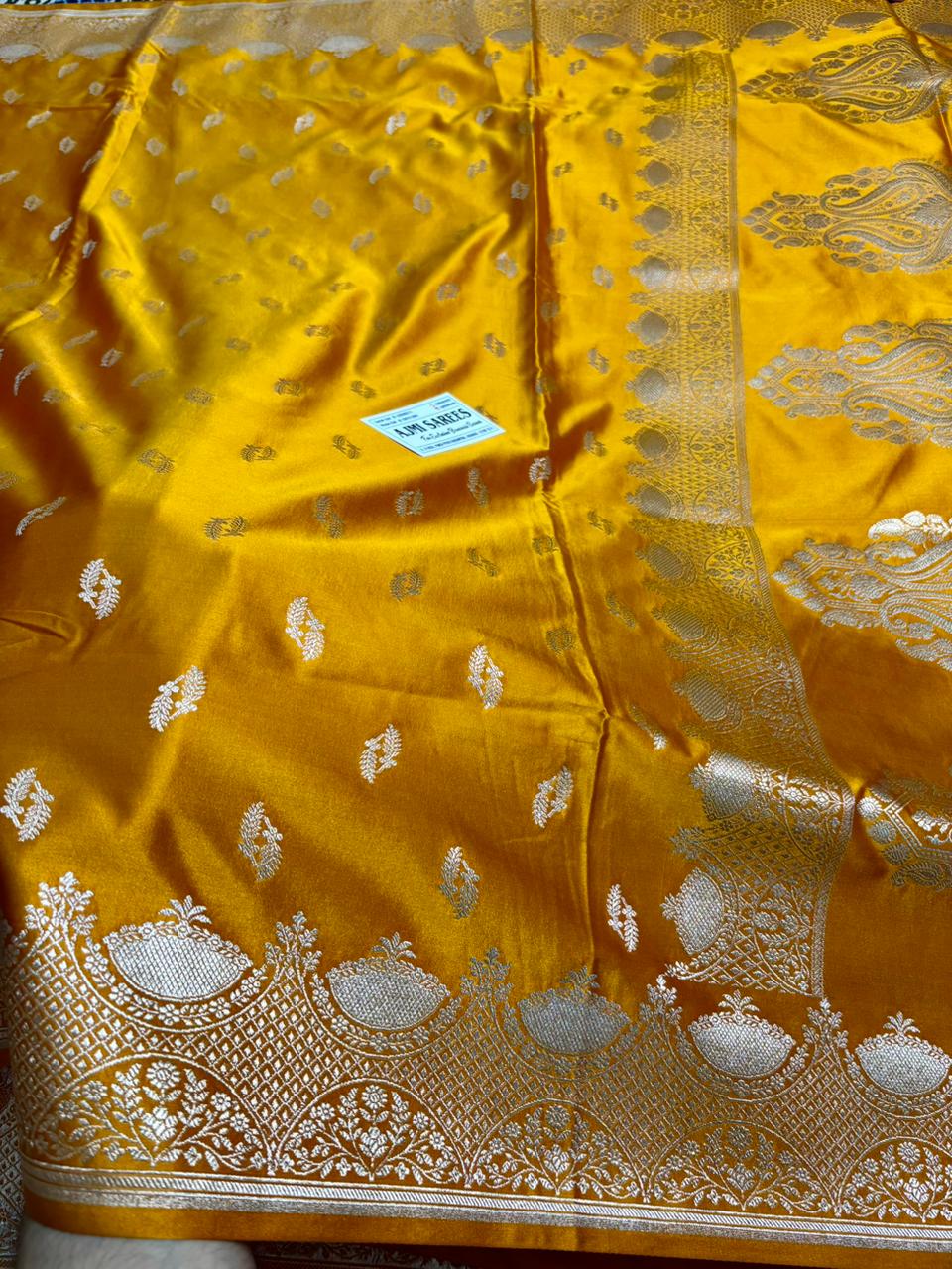 mashru katan silk banarasi saree mustard color festive wear