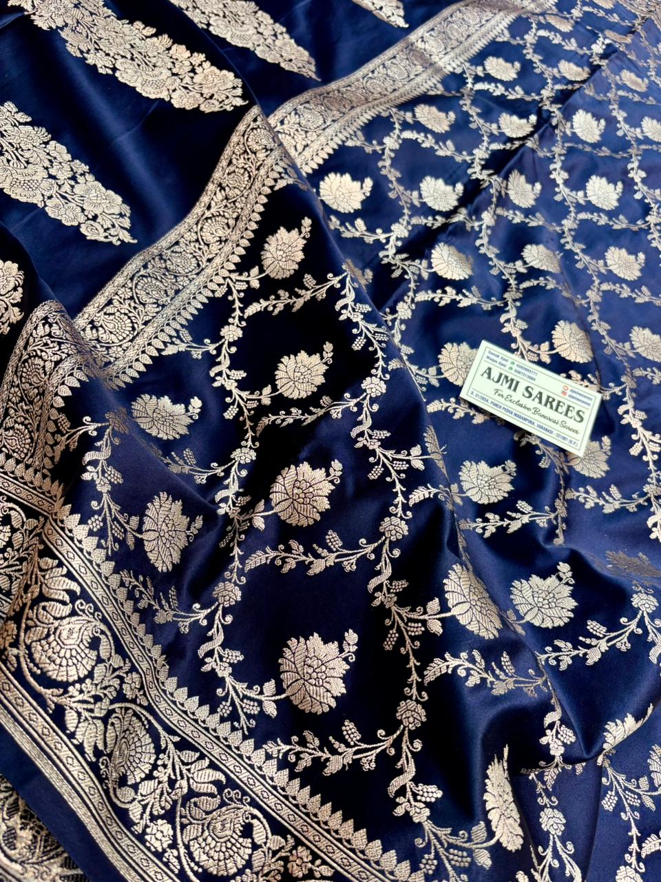 mashru katan silk banarasi saree navy color floral weaving