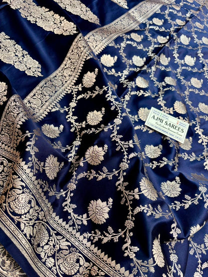 mashru katan silk banarasi saree navy color floral weaving