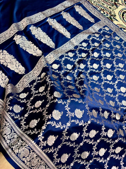 elegant navy blue banarasi saree with zari vine pattern