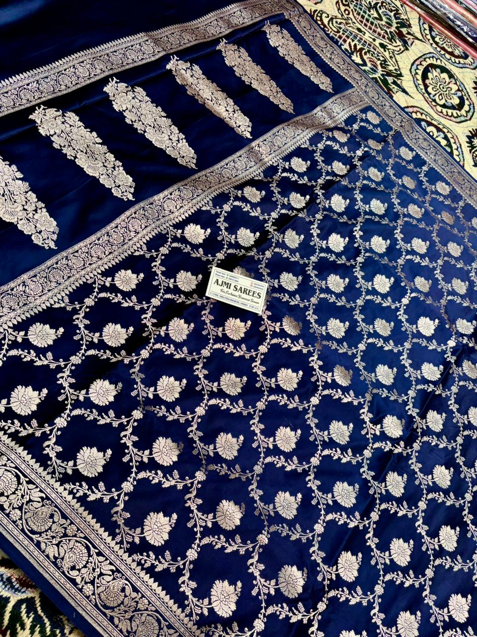 traditional navy blue banarasi saree with zari border design