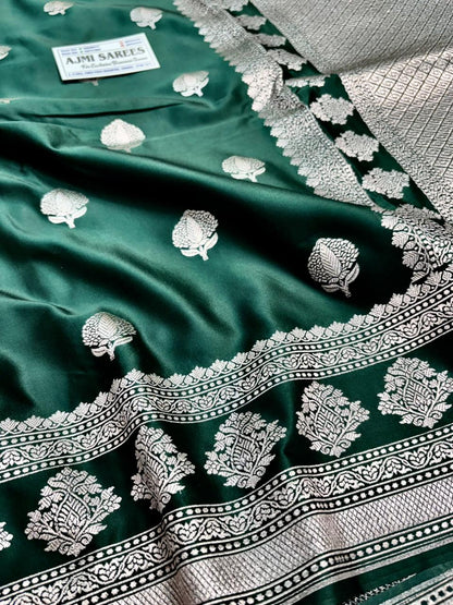 mashru katan silk banarasi saree green color festive wear