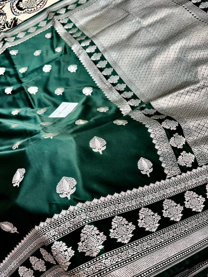 elegant bottle green banarasi saree with traditional zari border