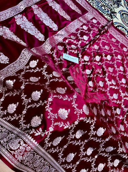 mashru katan silk banarasi saree maroon color floral weaving