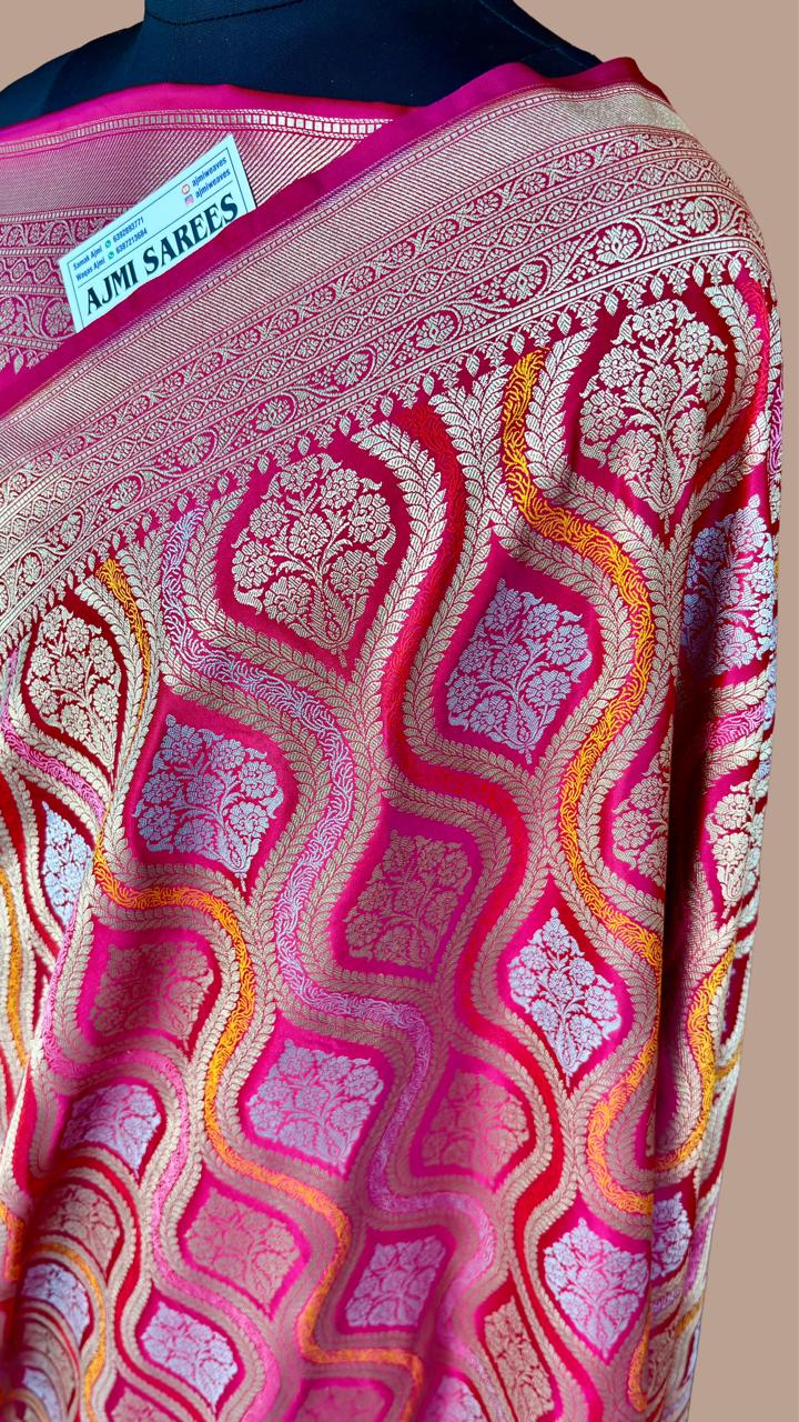 Hot pink dual tone Mashru Katan silk Banarasi saree with intricate zari floral jaal