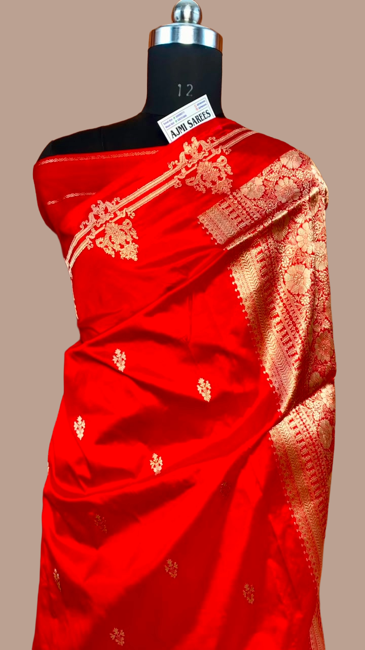 Luxury red Banarasi silk saree with intricate gold zari weaving