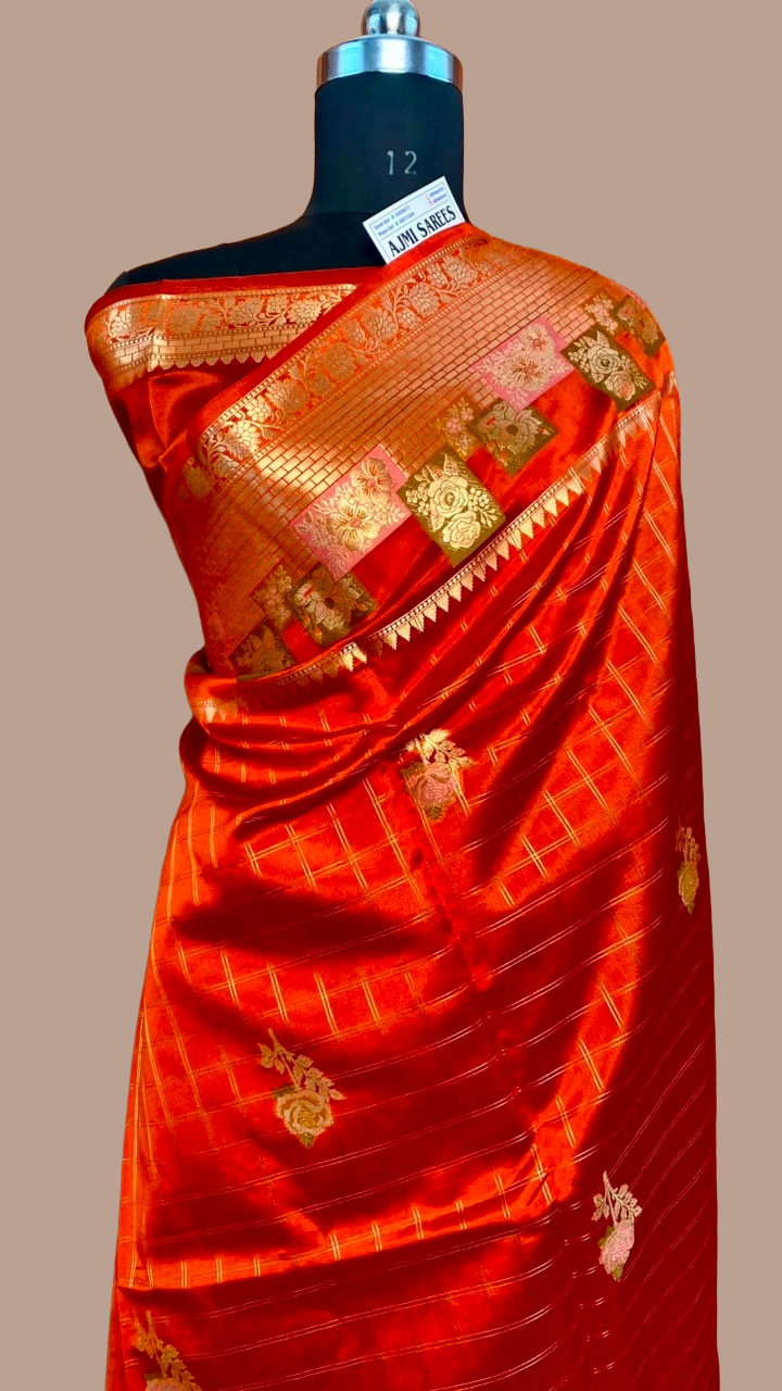 Luxury rust orange Mango Silk saree with traditional Banarasi weaving